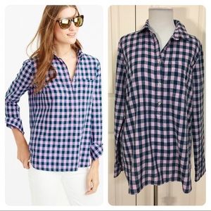 JCrew navy and purple plaid popover shirt.